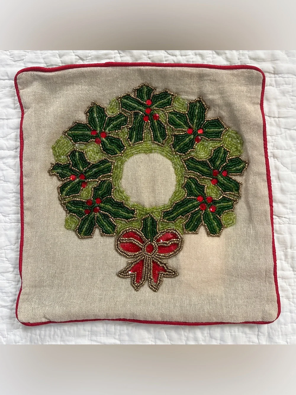 Pier 1 Small Heavy Beaded Christmas Wreath Throw Pillow Cover Beige Green 14”